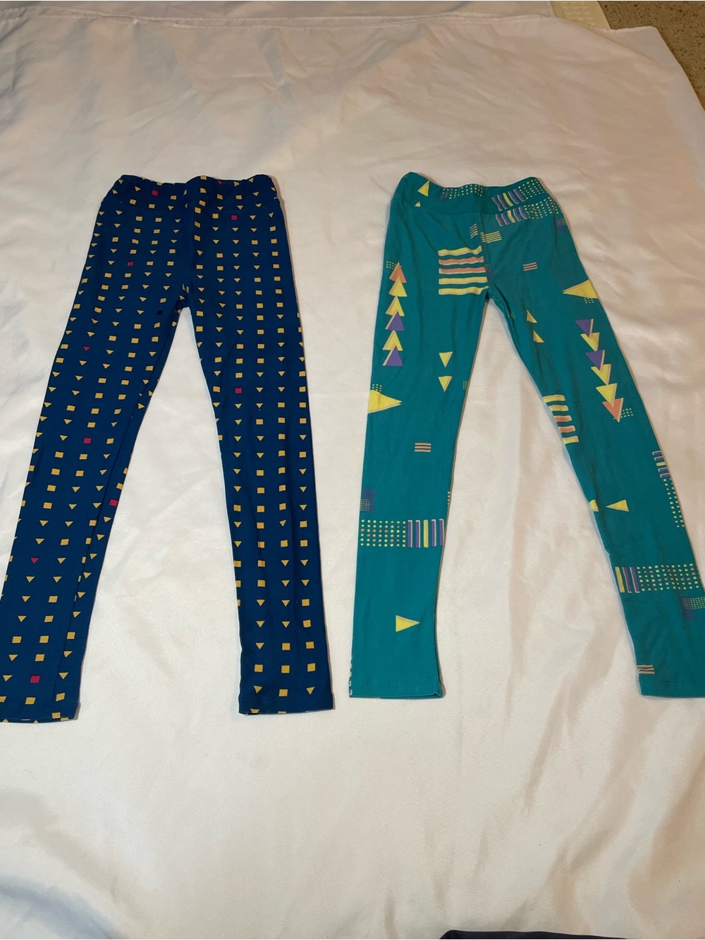 LuLaRoe Kids Teal and Navy Geometric Print Soft Stretchy Leggings, Size L/XL